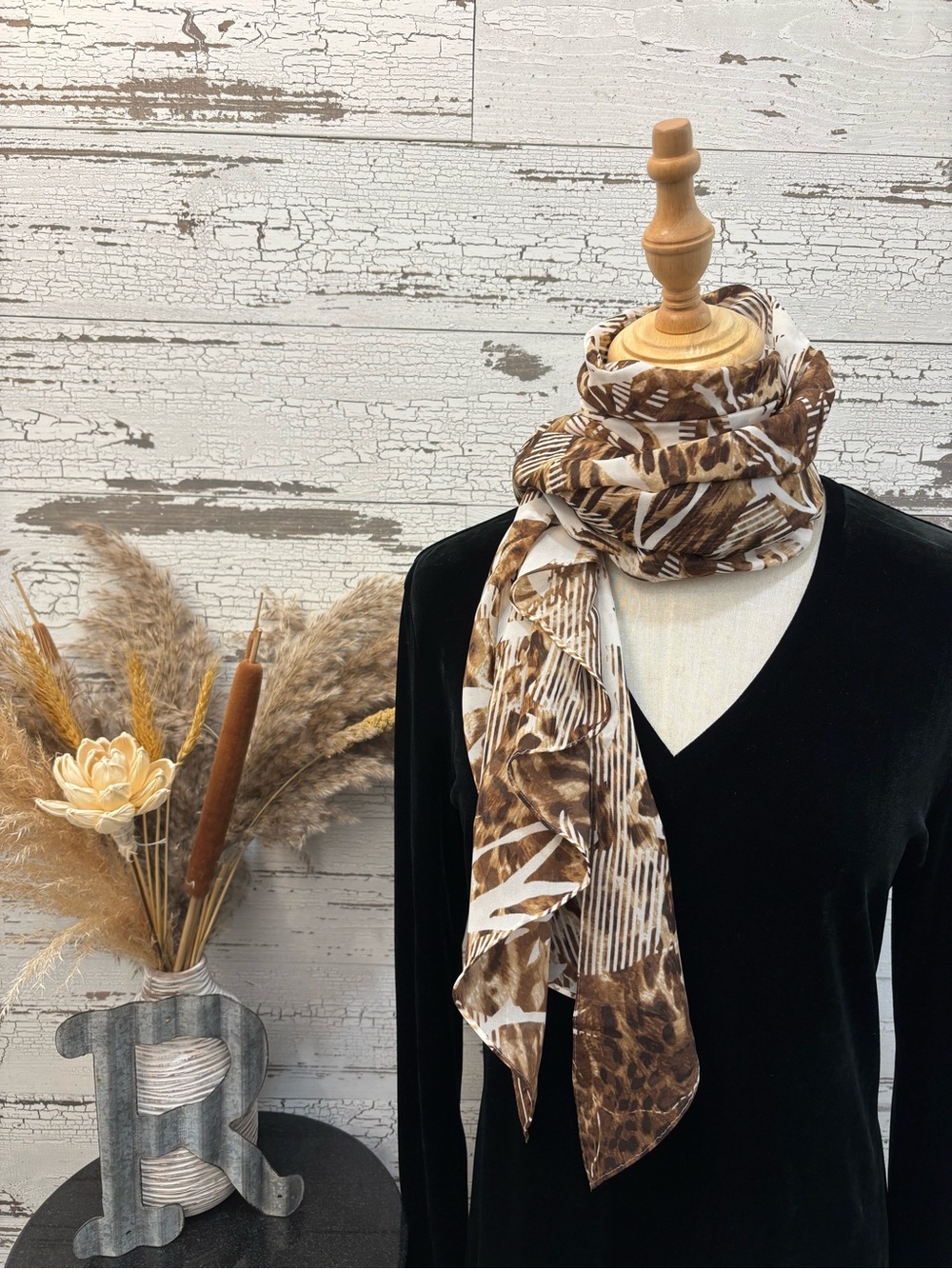 Chico's NWT Brown and Cream Animal-Print Lightweight Scarf